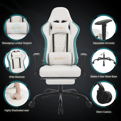 WOLTU Drehbarer Massage-Computer-Gaming-Stuhl, ergonomischer Racing-Gamer-Bürostuhl mit Rollen, Kopfstütze, Fußstütze, Lendenkissen