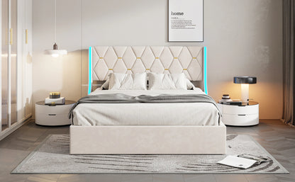 Rosahqnda Polsterbett, hydraulisches Doppelbett mit Lattenrost und LED-Kopfteil, Stauraumbett, Funktionsbettgestell in Flanell