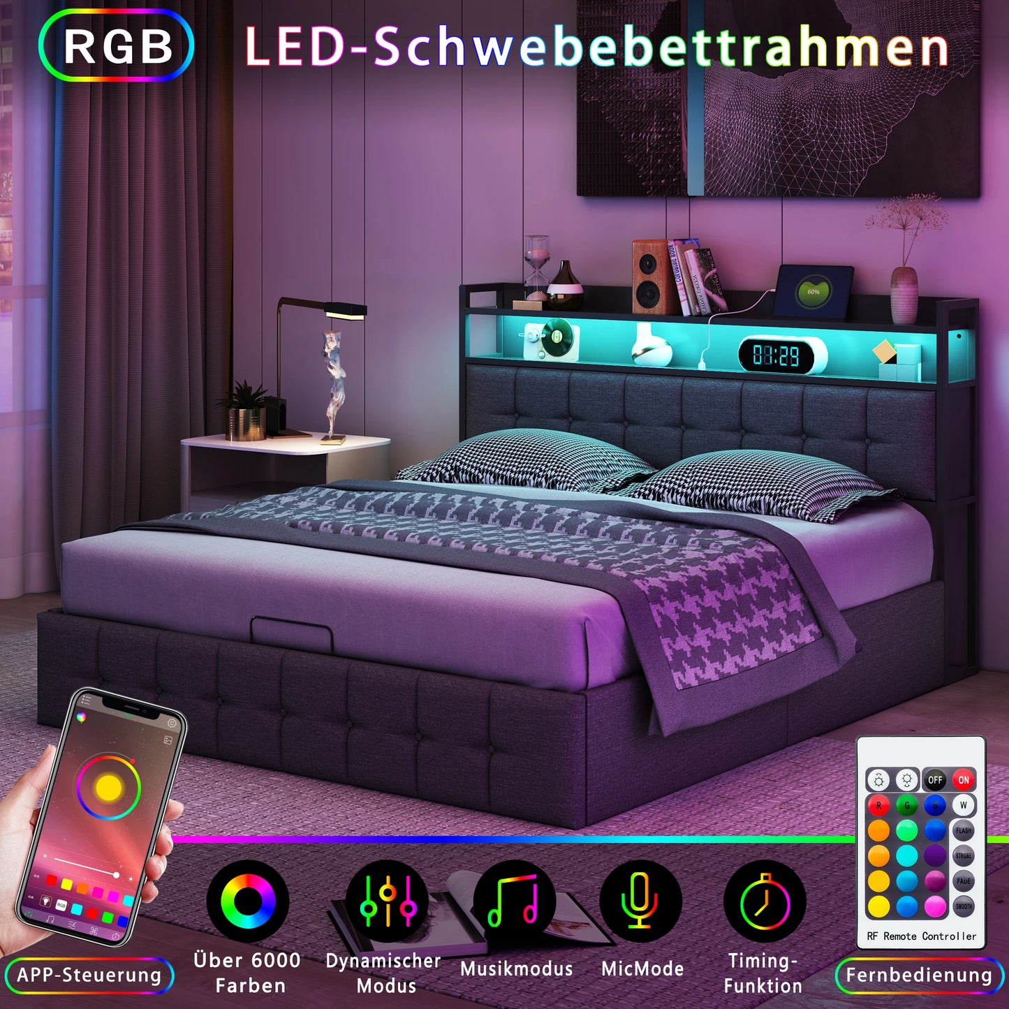 Rosahqnda Polsterbett, gepolsterter hydraulischer Bettrahmen mit grauem Leinen-Kopfteil, Leinenstoff,ohne Matratze