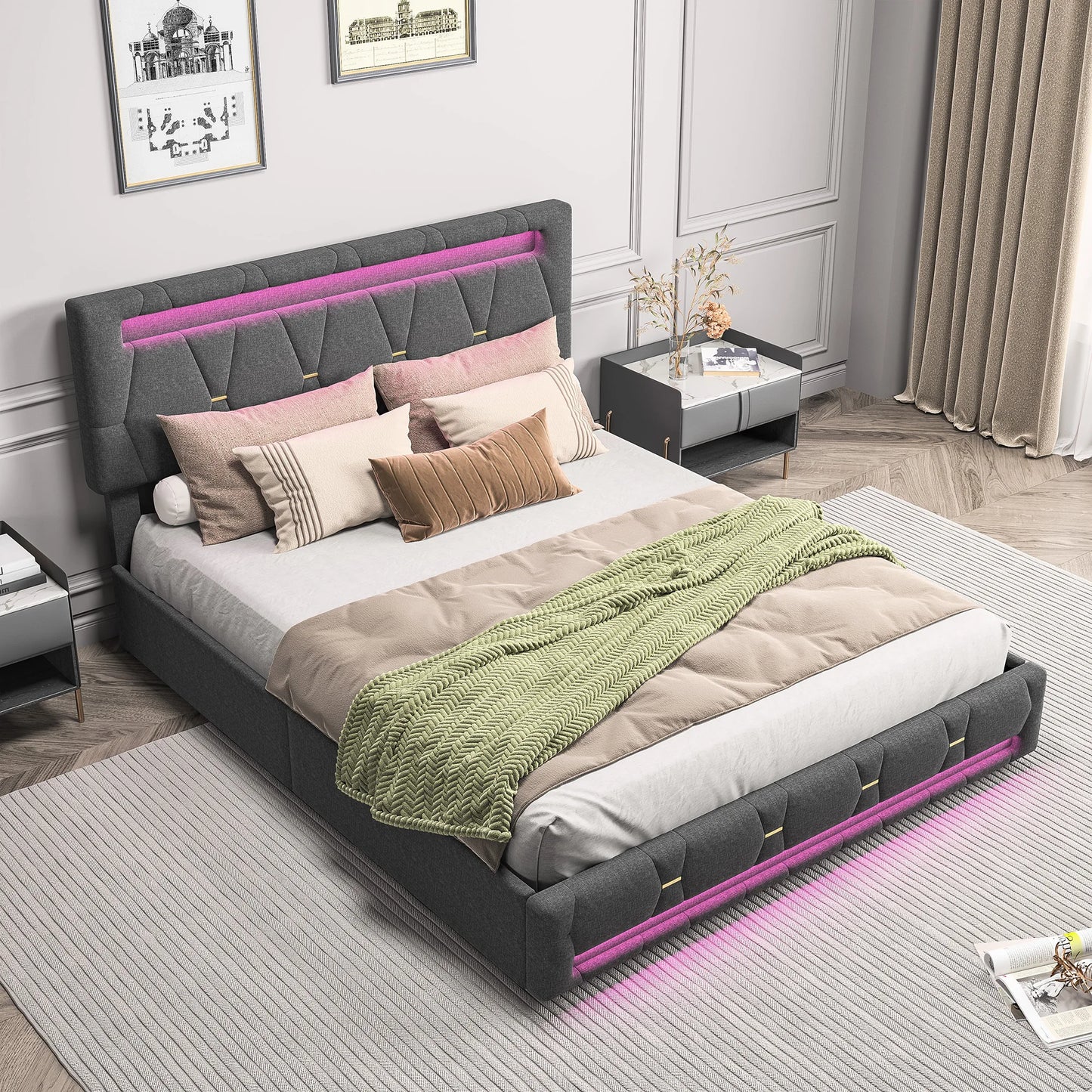 WoodenAura Bett 160x200 cm LED Doppelbett mit USB-Ladefunktion, Polsterbett Stauraumbett mit 4 Schubladen,Verstellbares Kopfteil