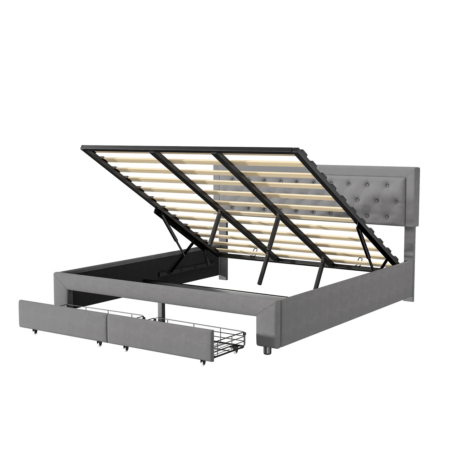 Rosahqnda Bett mit Stauraum, 160–180 x 200 cm, mit Schubladen gepolstert, Doppelbett, hydraulisches Bett, Jugendbett, Wohnungsbett, Samt, Beige/Grau