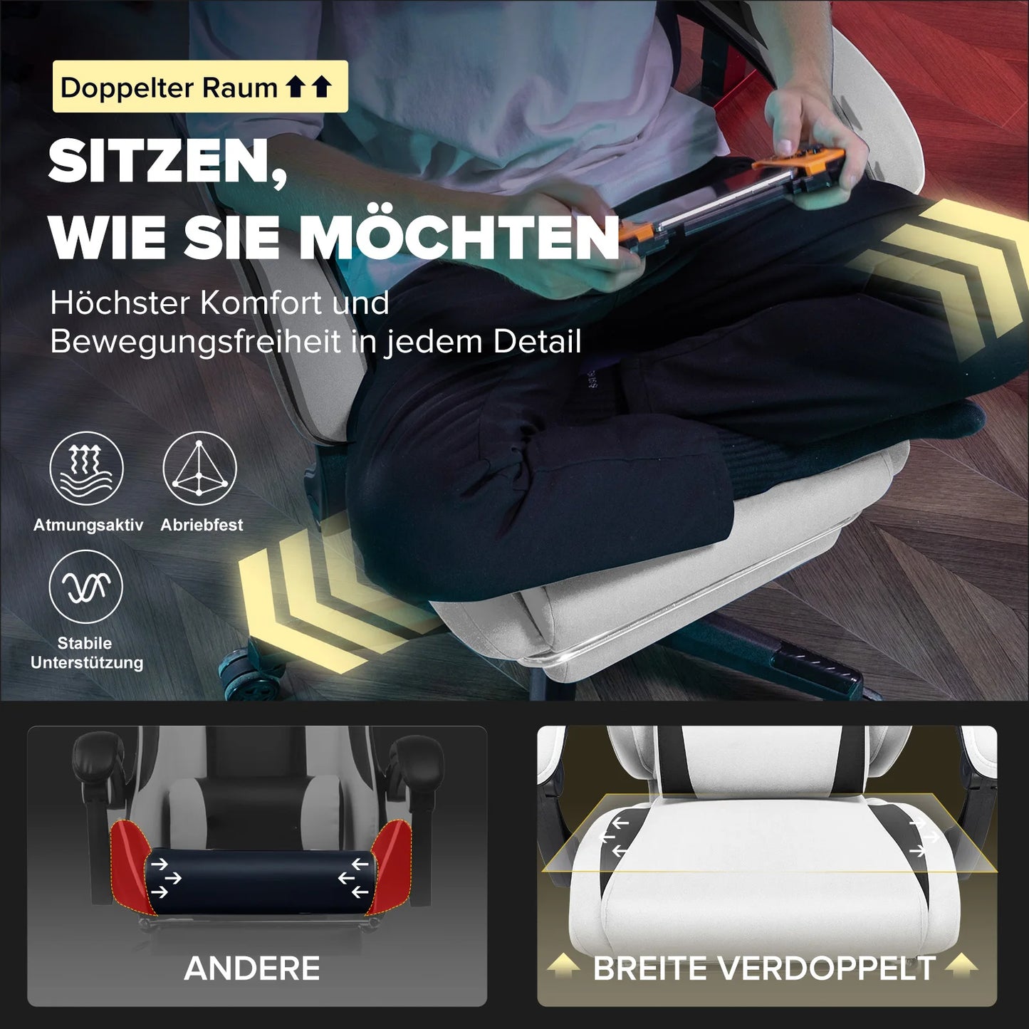 GTPLAYER Gaming Stuhl, Ergonomischer Gamer Stuhl aus Stoff mit Lendenwirbelstütze, PC-Stuhl mit verbreiterter Rückenlehne