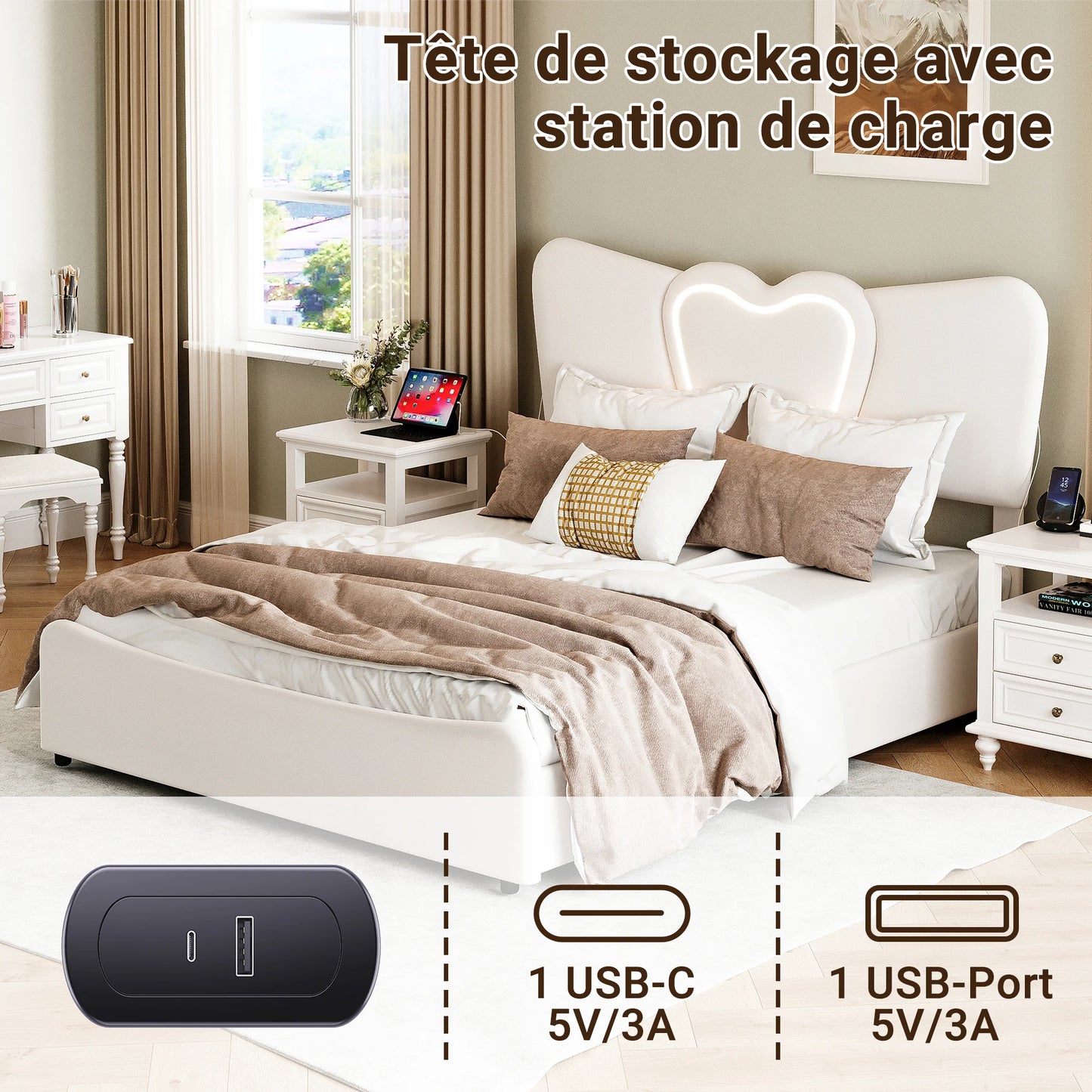 Doppelbett 140x200, LED Stauraumbett mit Lattenrost, Hydraulisch Polsterbett aus Kopfteil Höhenverstellbar, Herzform Kopfteil