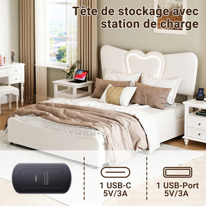 Doppelbett 140x200, LED Stauraumbett mit Lattenrost, Hydraulisch Polsterbett aus Kopfteil Höhenverstellbar, Herzform Kopfteil