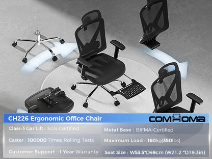 COMHOMA Bürostuhl Ergonomisch，Schreibtischstuhl mit 3D-Kopfstütze & 3D-Lendenwirbelstütze, verstellbare Armlehnen, Office Chair