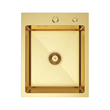 PVD Gold Edelstahlspüle 40 x 50 cm – Einzelbecken mit Abflussrohr, Wasserhahnloch, X-Drain-Design für schnellen Wasserdurchfluss