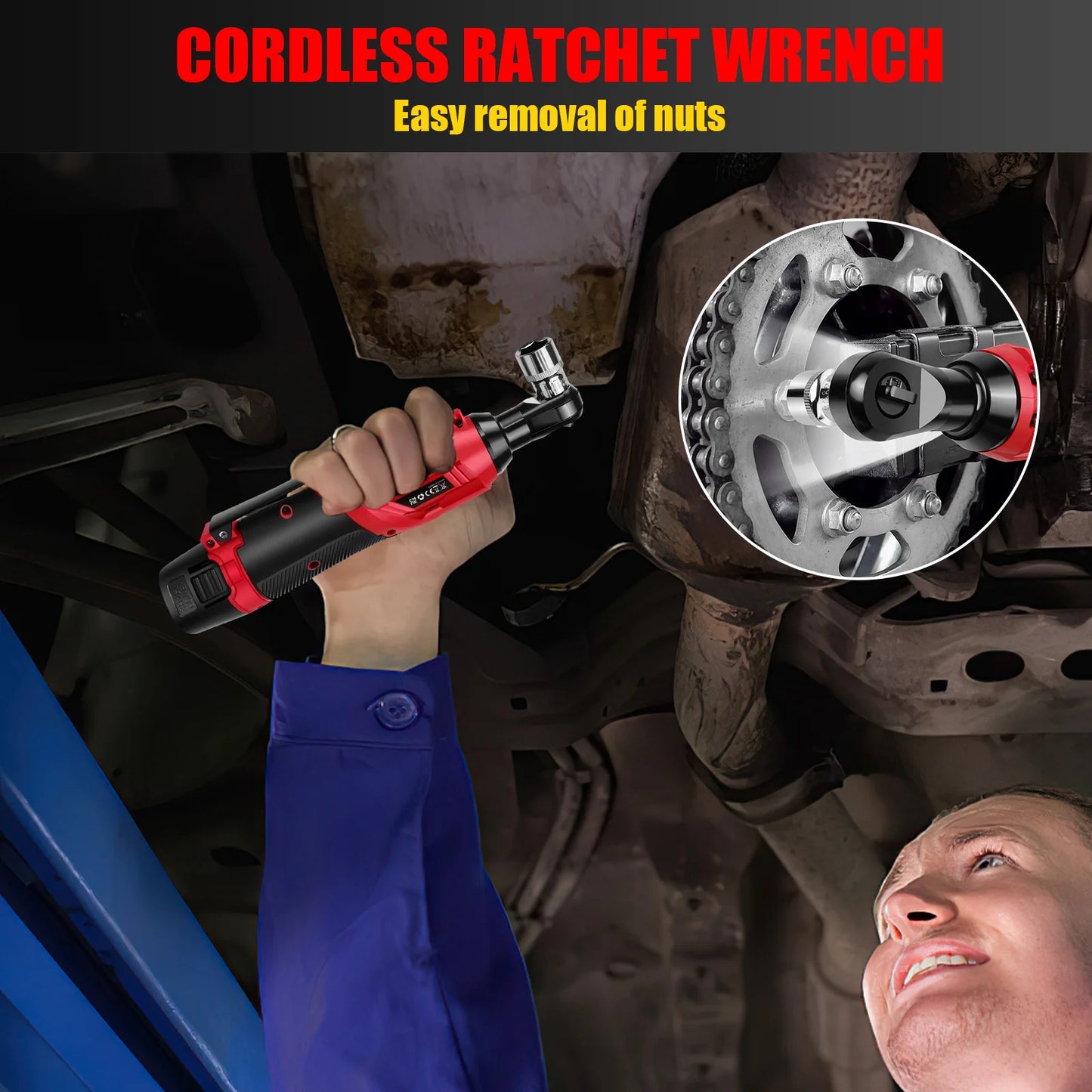 200 Nm kabelloser elektrischer Ratschenschlüsselsatz 90 °   3/8-Zoll-Winkelschlüssel mit 7-teiligem Steckschlüsselsatz, Ratschenwerkzeug mit 2 Lithiumbatterien