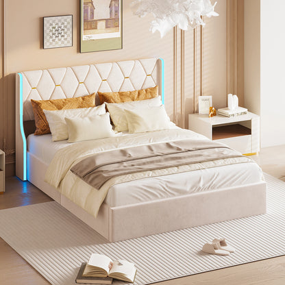 Rosahqnda Polsterbett, hydraulisches Doppelbett mit Lattenrost und LED-Kopfteil, Stauraumbett, Funktionsbettgestell in Flanell
