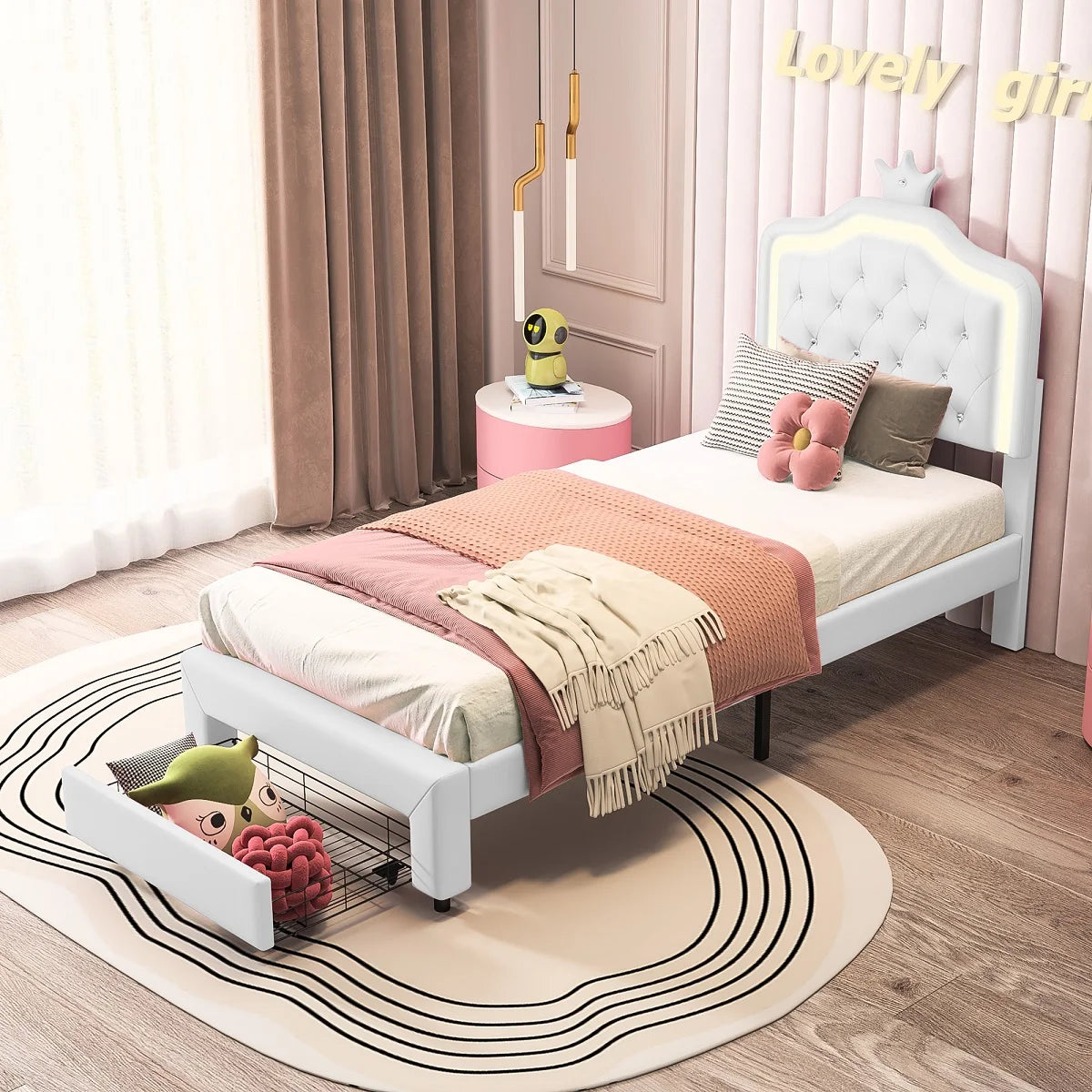 Kinderbett Polsterbett 90x200cm, Bett für Mädchen mit Schublade,Kronenförmiges Prinzessinnenbett mit LED-Lichtleisten,Weiß,PU