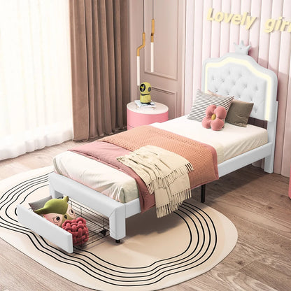 Kinderbett Polsterbett 90x200cm, Bett für Mädchen mit Schublade,Kronenförmiges Prinzessinnenbett mit LED-Lichtleisten,Weiß,PU