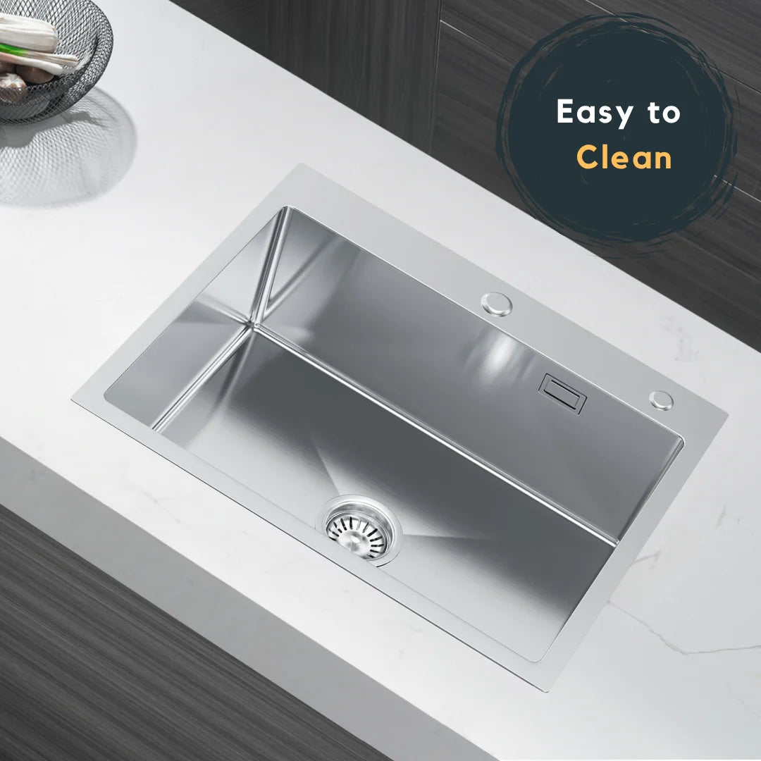 Silberne Edelstahlspüle aus Edelstahl von Inox, 60 x 50 cm – Einzelschüssel mit Wasserhahnloch und Abflussrohr, X-förmiger schneller Abfluss für moderne Küchen