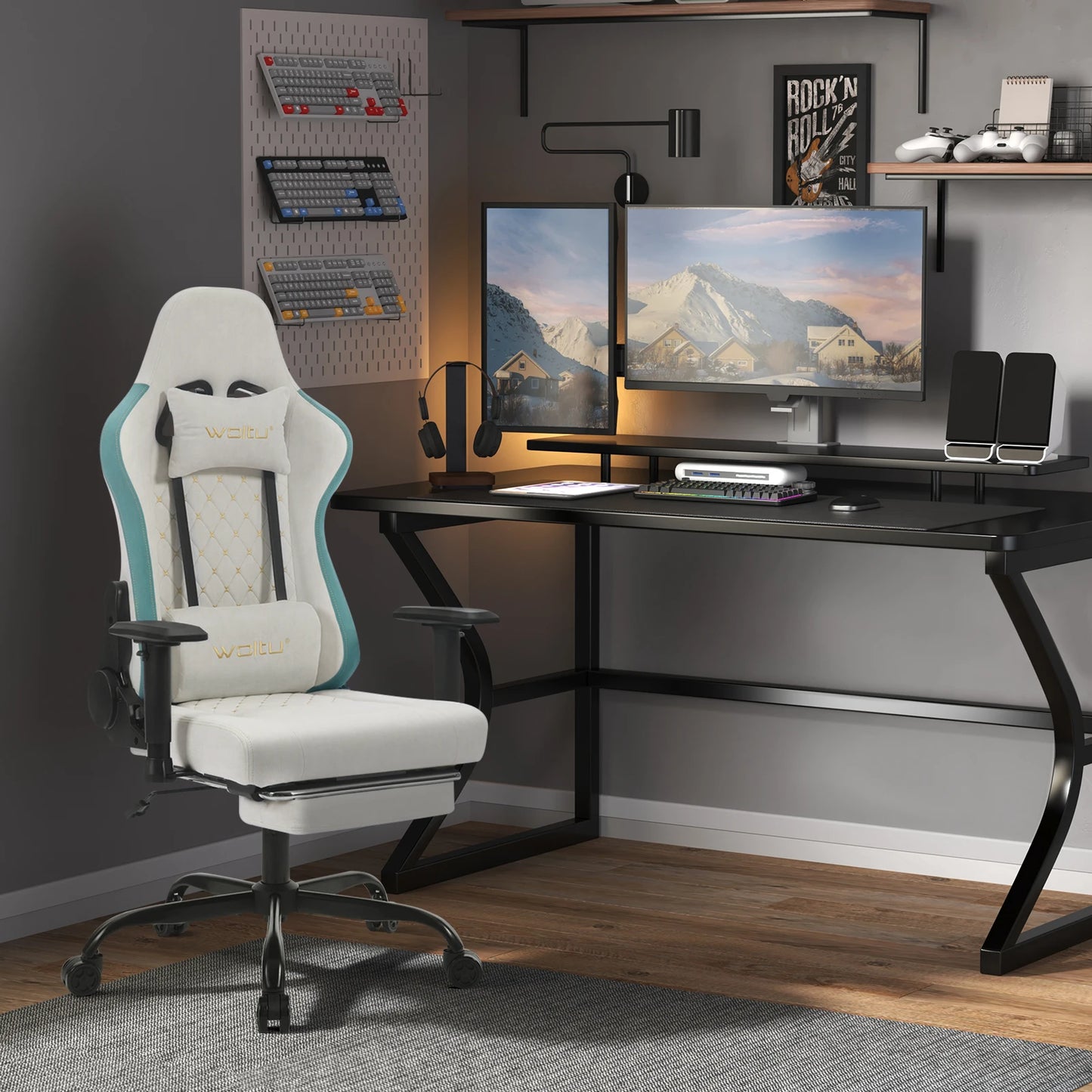 WOLTU Drehbarer Massage-Computer-Gaming-Stuhl, ergonomischer Racing-Gamer-Bürostuhl mit Rollen, Kopfstütze, Fußstütze, Lendenkissen