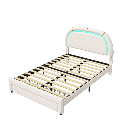 WoodenAura Doppelbett 140 × 200 cm gepolstertes mit 2 Schubladen und LED-Lichtst reifen, mit Rückenlehne Kopfteil und Lattenrost