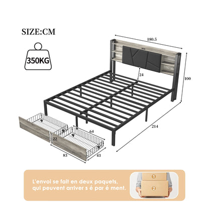 Rosahqnda gepolsterter Doppelbettrahmen 140–160–180 x 200 cm mit 2 Schubladen, Aufbewahrungs-Jugendbett, Gästebett, Apartmentbett, Eisenbett, PU