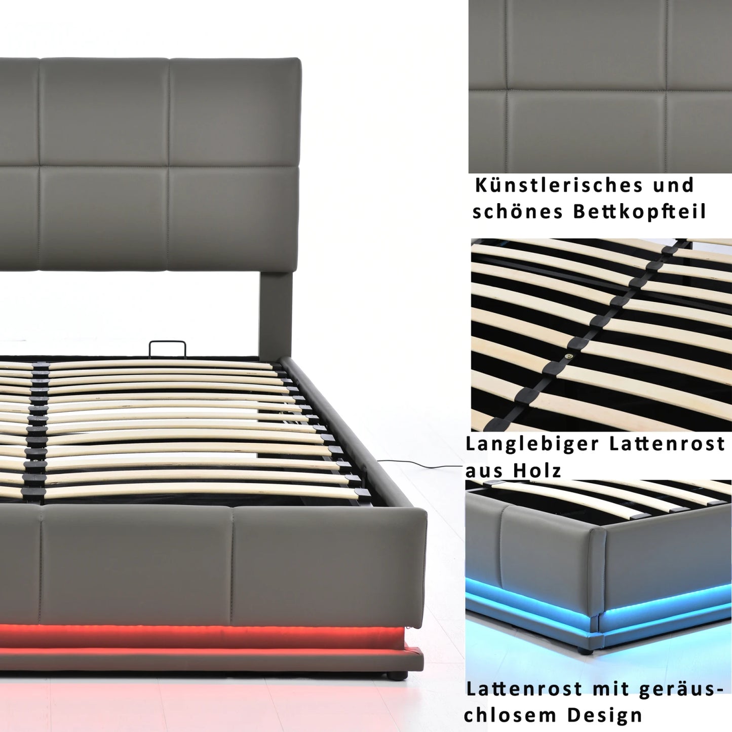 ROSAHQNDA Gepolstertes Bett mit Stauraum, 140 x 200 cm Bettgestell mit Kopfteil aus PU-Paneel, modernes Doppelbett, ohne Matratze