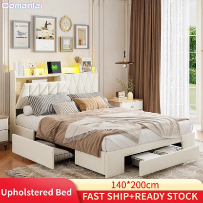 Comanlai Polsterbett 140 x 200 cm, Doppelbett mit 3 Schubladen, USB-Ladefunktion, ohne Matratze, Samt, Beige