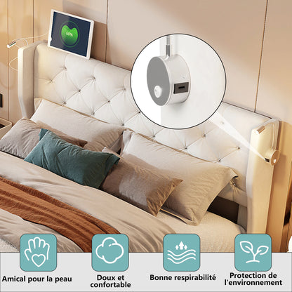 Doppelbett 140 x 190 cm mit LED-Beleuchtung und USB-Ladeanschluss, gepolsterte Doppelbettbetten mit Stauraum und Lattenrost, Samt, Beige