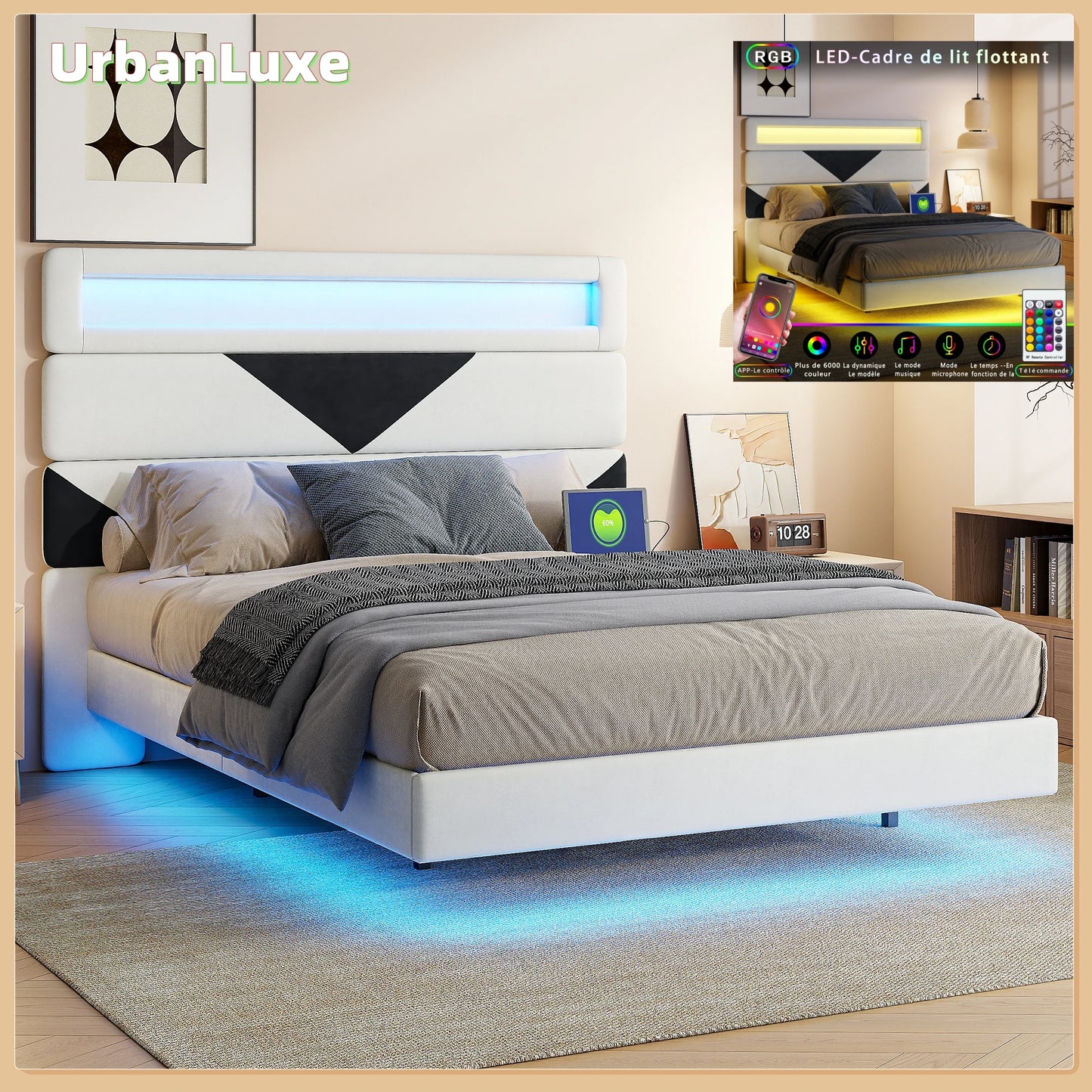 Doppelbett 160x200 cm, mit zwei USB-Ladeanschlüssen und LED-Lichtleiste, dreieckiges Kopfteil, verstellbare Holzplatte, Samt