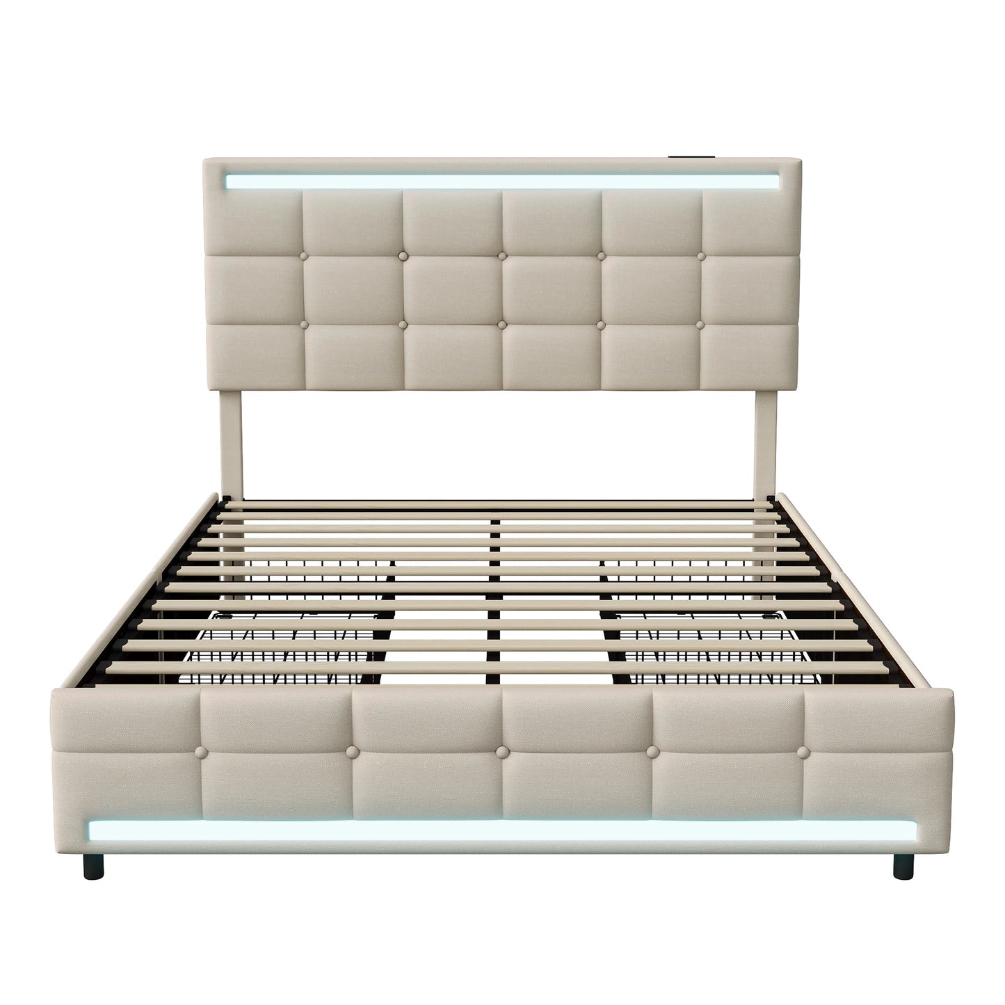 Rosahqnda Polsterbett mit 4 Schubladen und 2 USB-Anschlüssen, Bettrahmen mit LED-Leuchten, Kopfteil, Fußteil und Stauraum