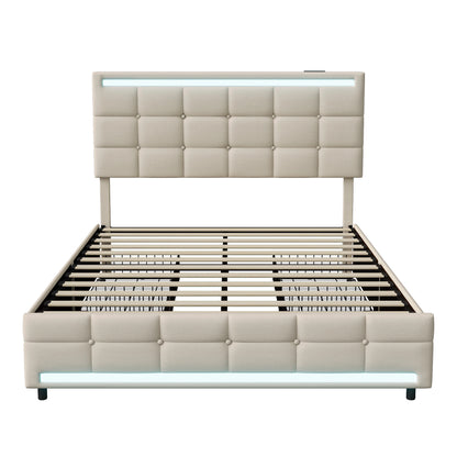 Rosahqnda Polsterbett mit 4 Schubladen und 2 USB-Anschlüssen, Bettrahmen mit LED-Leuchten, Kopfteil, Fußteil und Stauraum