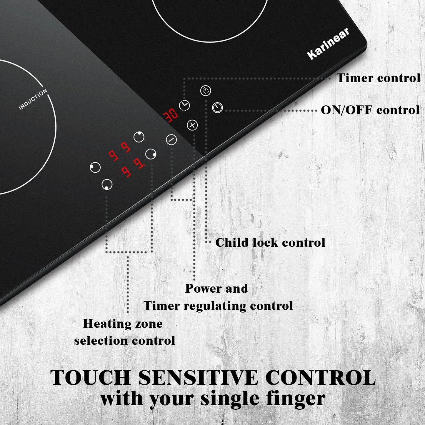 Karinear Built-in Induction Cooktop with 4 Burners with Plug, Touch Control, Timer Safety Lock, 3500W.
