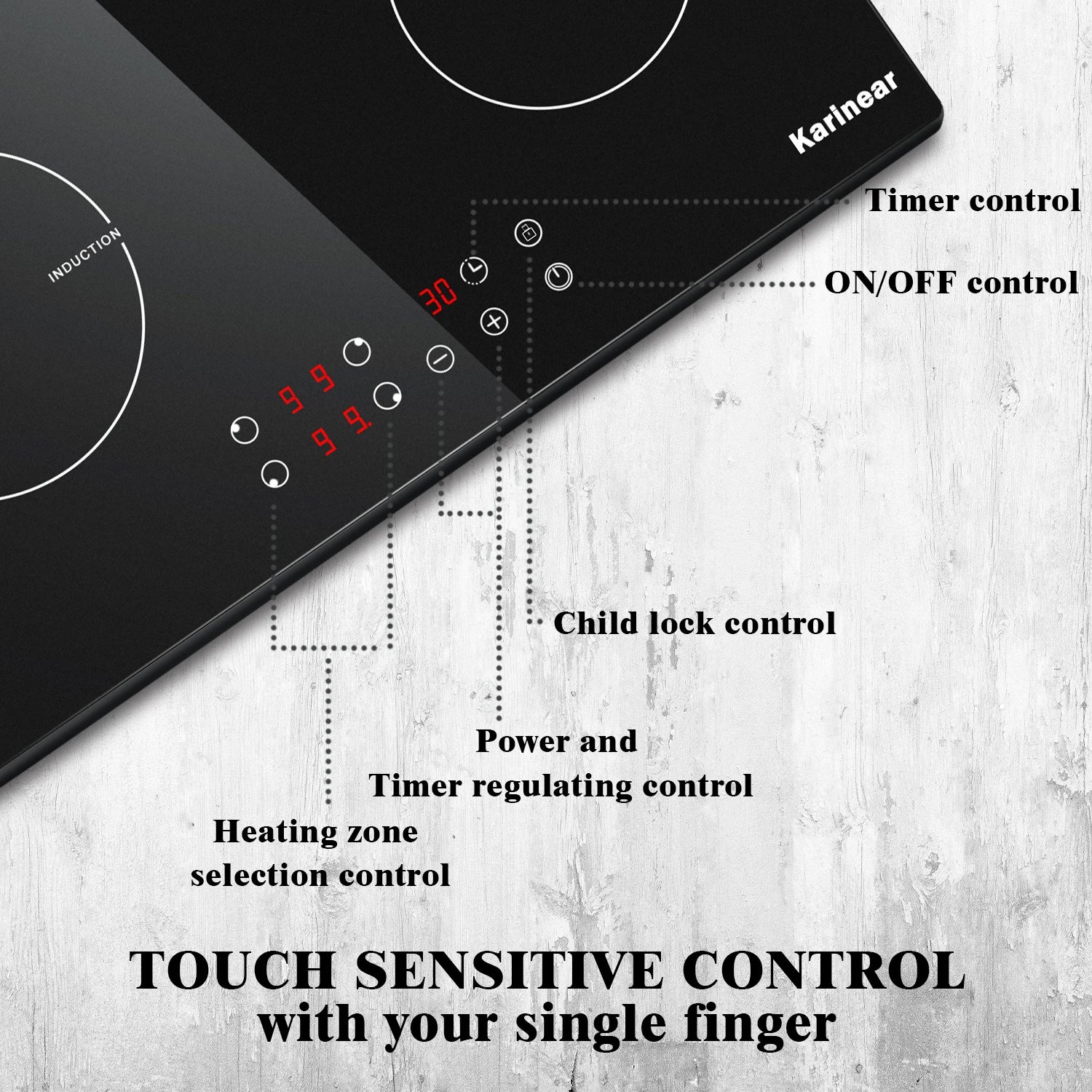 Karinear Built-in Induction Cooktop with 4 Burners with Plug, Touch Control, Timer Safety Lock, 3500W.