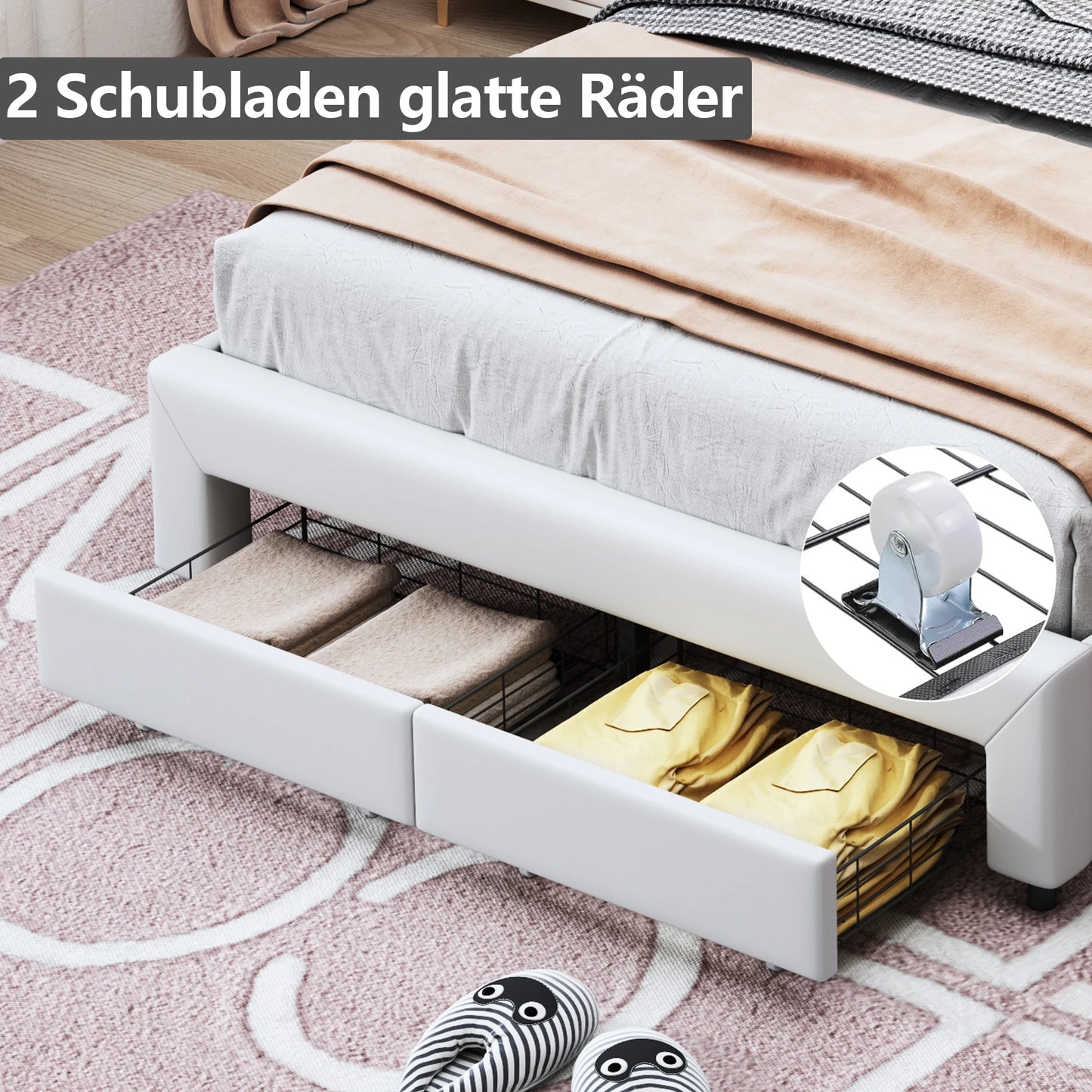 Rosahqnda Kinderbett Kronenform 90/140 x 200 cm, LED und Schubladen, höhenverstellbares Kopfteil, PU, Rosa/Weiß