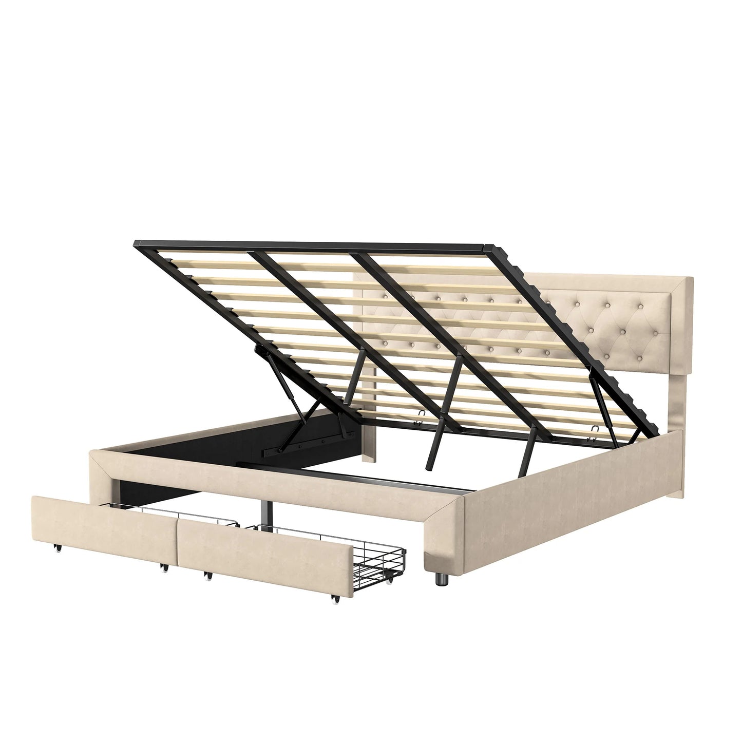 Rosahqnda Bett mit Stauraum, 160–180 x 200 cm, mit Schubladen gepolstert, Doppelbett, hydraulisches Bett, Jugendbett, Wohnungsbett, Samt, Beige/Grau