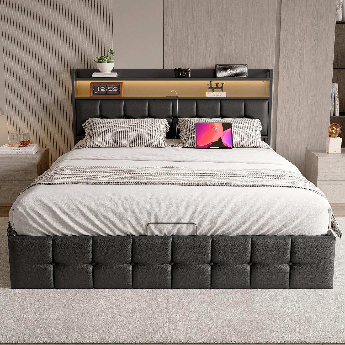 Rosahqnda Polsterbett 140x200 cm mit Lichtleiste, Stauraumbett mit Kopfteil, Doppelbett mit Lattenrost für 2 Personen,PU,Schwarz