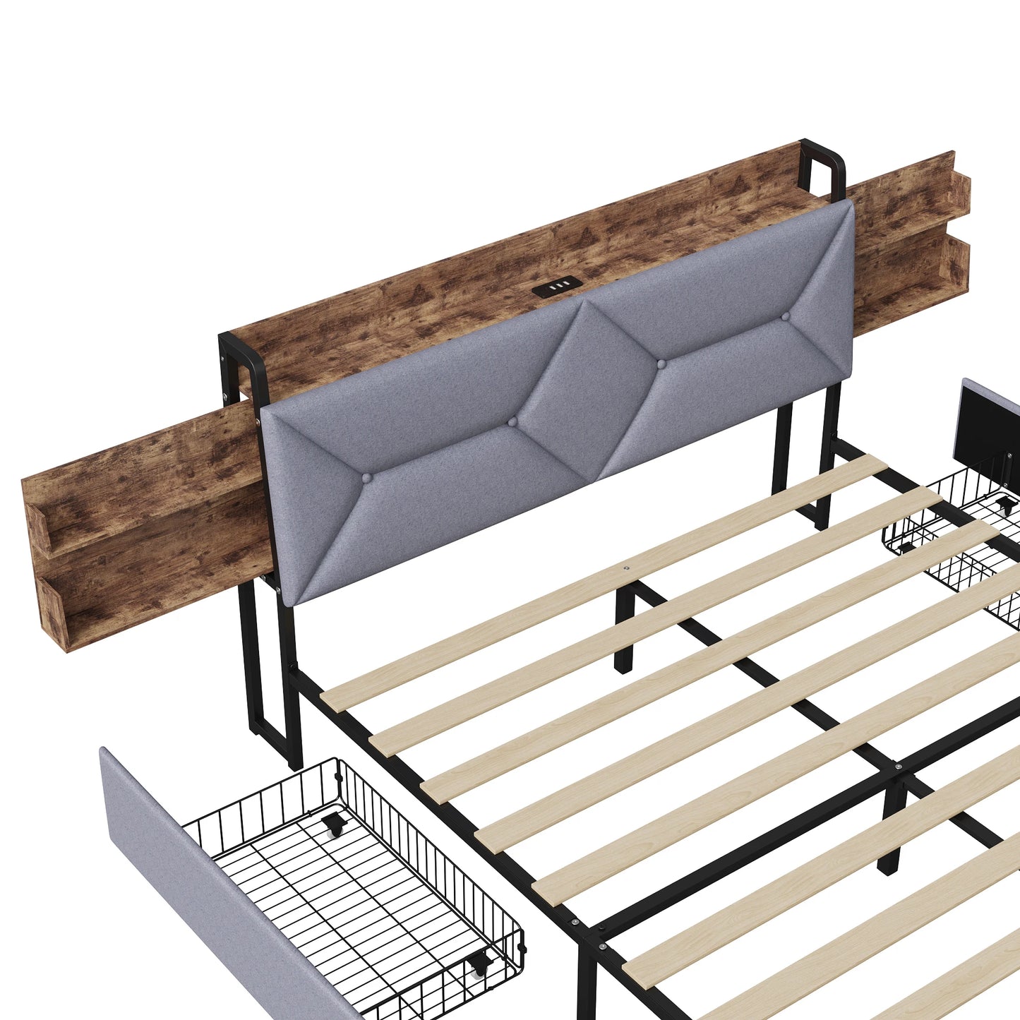 Bett 160 x 200 mit USB, Doppelbett mit 4 Schubladen, Kopfteil mit ausziehbarem Stauraum, Erwachsenenbett mit Lattenrost aus Holz