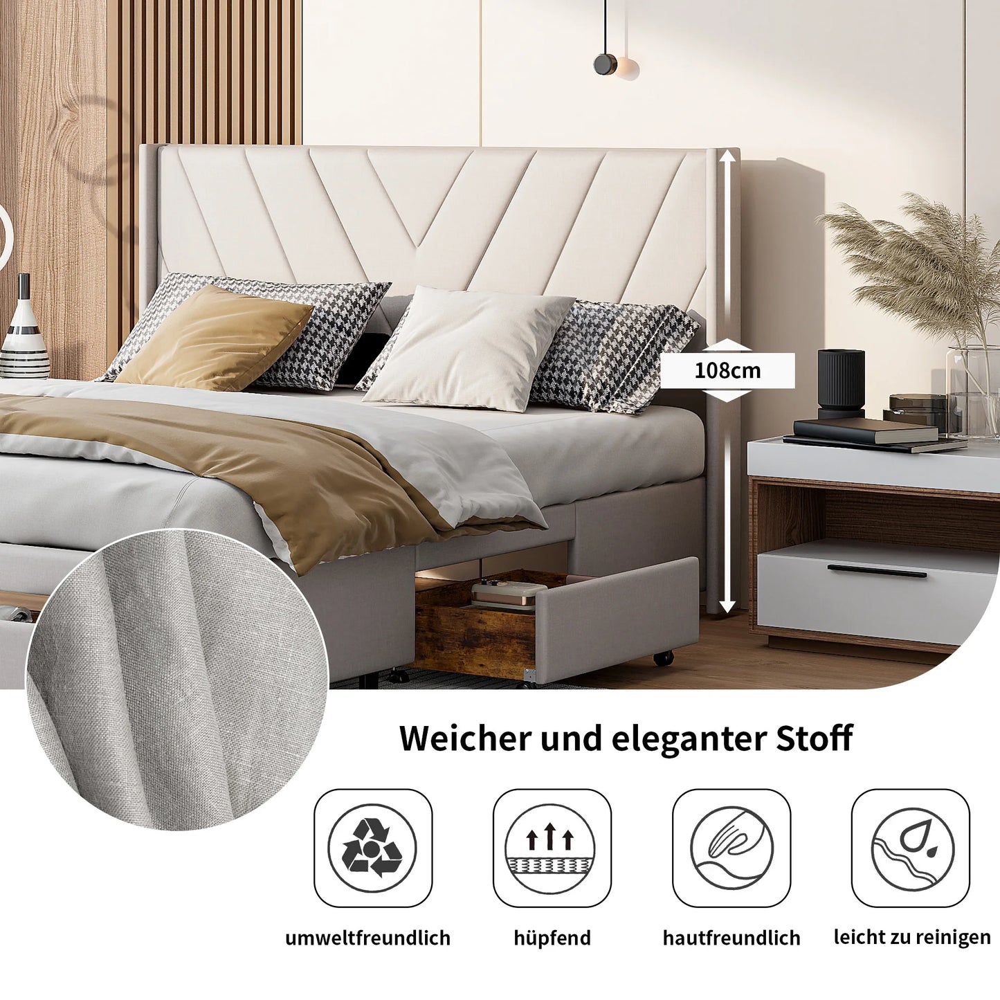 UrbanLuxe Doppelbett 160x200 cm mit 3 Schubladen, Bett mit Stauraum, Lattenrost, Bettgestell, Leinen, Beige, ohne Matratze
