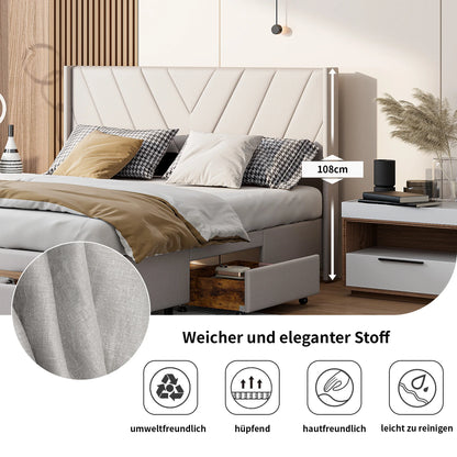 UrbanLuxe Doppelbett 160x200 cm mit 3 Schubladen, Bett mit Stauraum, Lattenrost, Bettgestell, Leinen, Beige, ohne Matratze