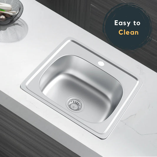 48 x 48 cm quadratische Küchenspüle aus Edelstahl, Einzelschüssel, obere Montage, Spüle für Küchenarbeitsplatten, MICRODÉCOR-Finish