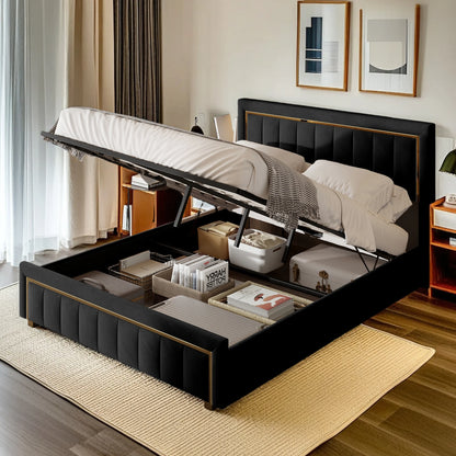 Polsterbett 140x200 Doppelbett mit Stauraum, Bett mit Lattenrost und Hydraulisch Stauraumbett Rückenlehne Bettgestel Jugendbett