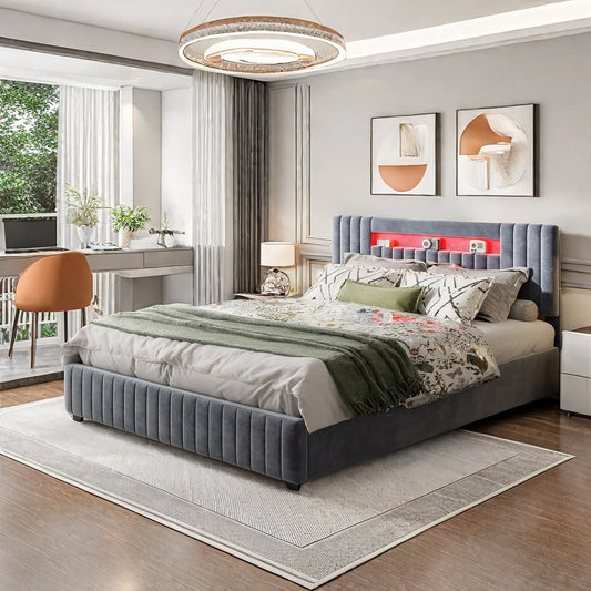 Rosahqnda 140x200 Bett mit Stauraum und Untergestell, gepolstertes Bett mit Stauraum, Doppelbett mit LED, Bettgestell aus Samt, mit Lattenrost, Grau
