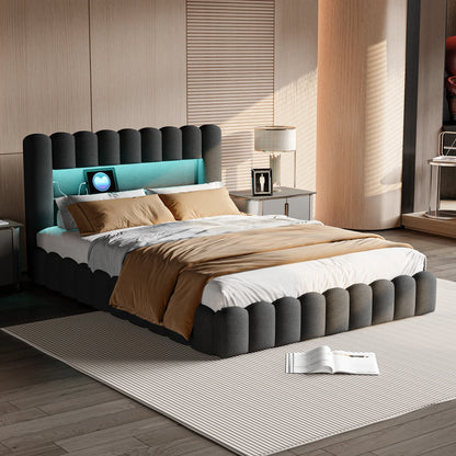 Rosahqnda Polsterbett mit LED- und USB-Anschluss, Leinenbaumstumpfbettgestell mit Kopfteil, 140 x 200 cm großes hydraulisches Bett ohne Matratze