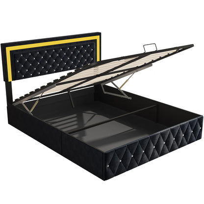 Rosahqnda Doppelbettgestell 140–160–180 x 200 cm, verstellbares LED-Kopfteil, hydraulisches Bett mit Stauraum, gepolstertes Jugendbett, Samt