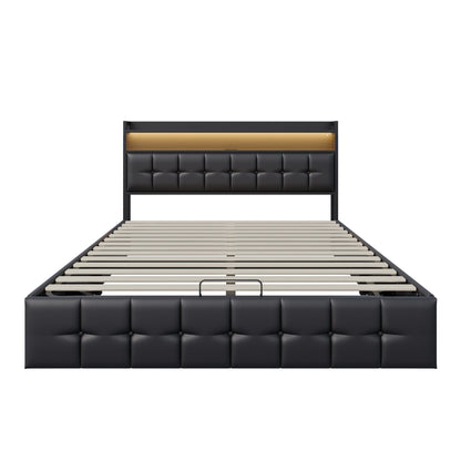 Polsterbett 140x190 cm, mit LED-Beleuchtung und USB, mit Rückenlehnenrahmen, hydraulisches Speicherbett, Funktionsbett, PU