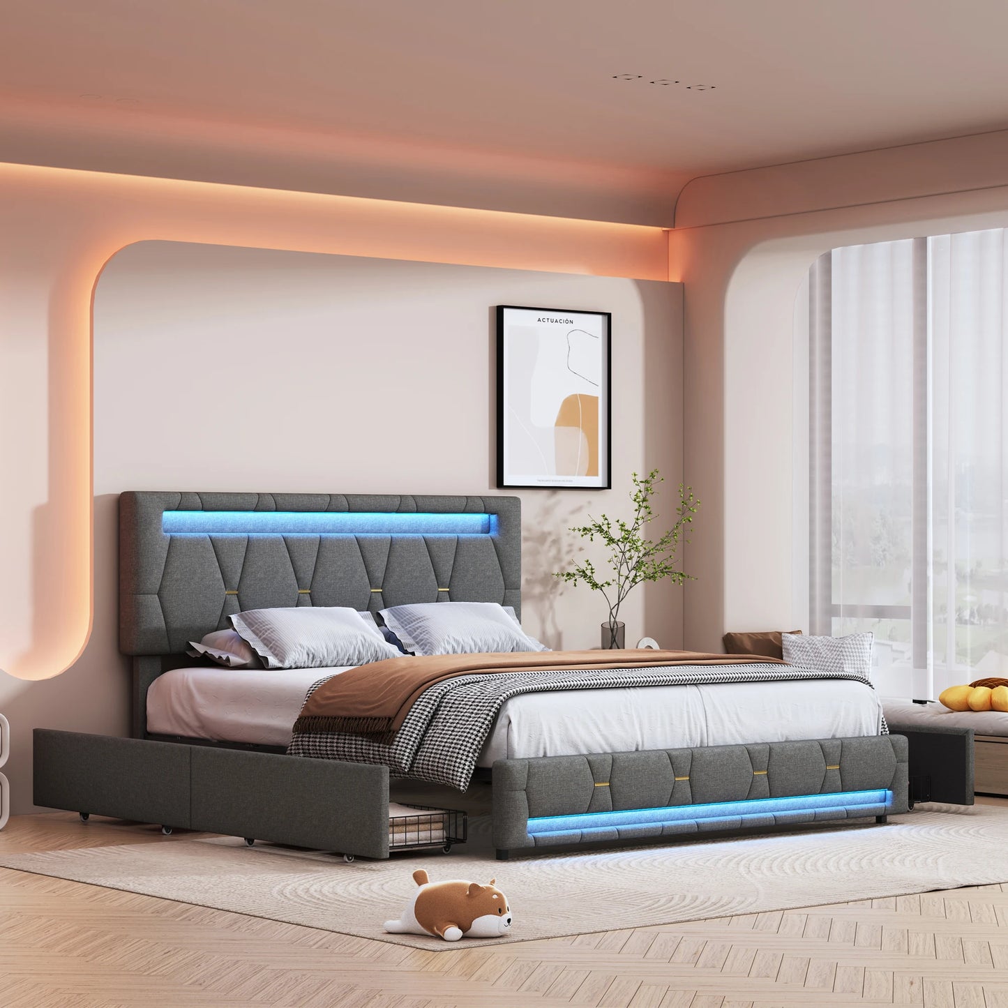 Rosahqnda Polsterbett 140 x 200 cm, Doppelbett mit LED-Beleuchtung, 4 Schubladen und Lattenrost, USB-Ladefunktion, hydraulisches Bett