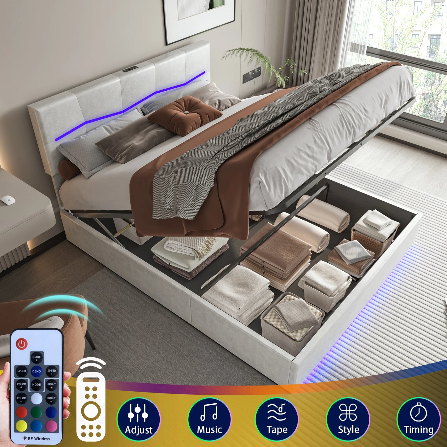 Rosahqnda Doppelbettgestell 140-160-180*200cm Polsterbett mit LED & USB & viel Stauraum, Jugendgästebett, PU, Beige/Schwarz