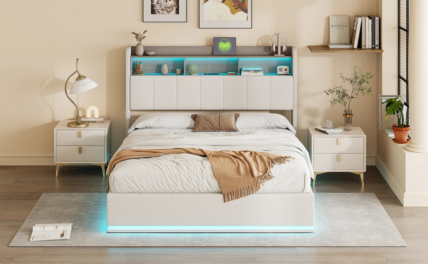 Rosahqnda Polsterbett, Hydraulisches Doppelbett mit LED-Lichtleiste und großem Stauraum, 140-160 x 200 cm, Weiß/Grau