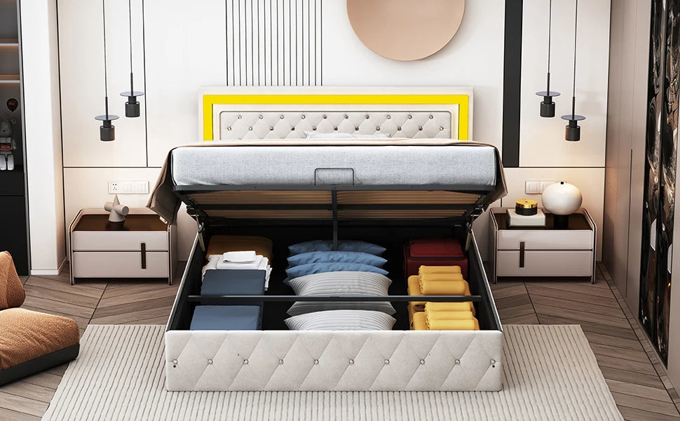 Rosahqnda Doppelbettgestell 140–160–180 x 200 cm, verstellbares LED-Kopfteil, hydraulisches Bett mit Stauraum, gepolstertes Jugendbett, Samt