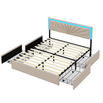 Rosahqnda Gepolstertes Doppelbett 140-160 x 200 cm mit 4 Schubladen und LED, Stauraumbett, Gästebett, Apartmentbett, Leinen