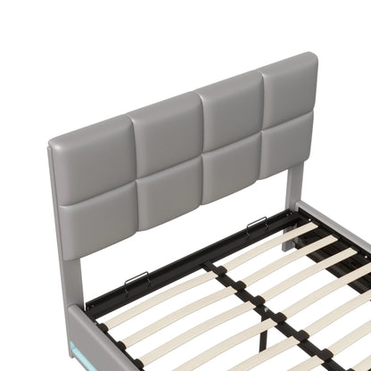 Rosahqnda Hydraulischer Doppelbettrahmen 140*190cm mit LED, Verstellbares Kopfteil, Stauraumbett 140*200cm, Polsterbett, PU