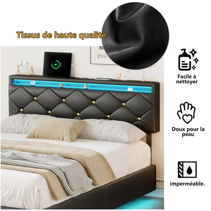 Rosahqnda Schwebebett 140-160*200cm LED USB verstellbares Kopfteil,Doppelpolsterbett Apartmentbett Jugendbett Gästebett,PU