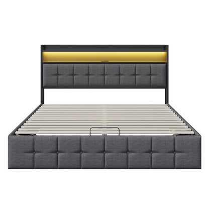 Rosahqnda Polsterbett 140 x 190 cm Doppelbett mit LED und USB, gepolsterter Bettrahmen mit Kopfteil und Lattenrost, Höhe 32 cm