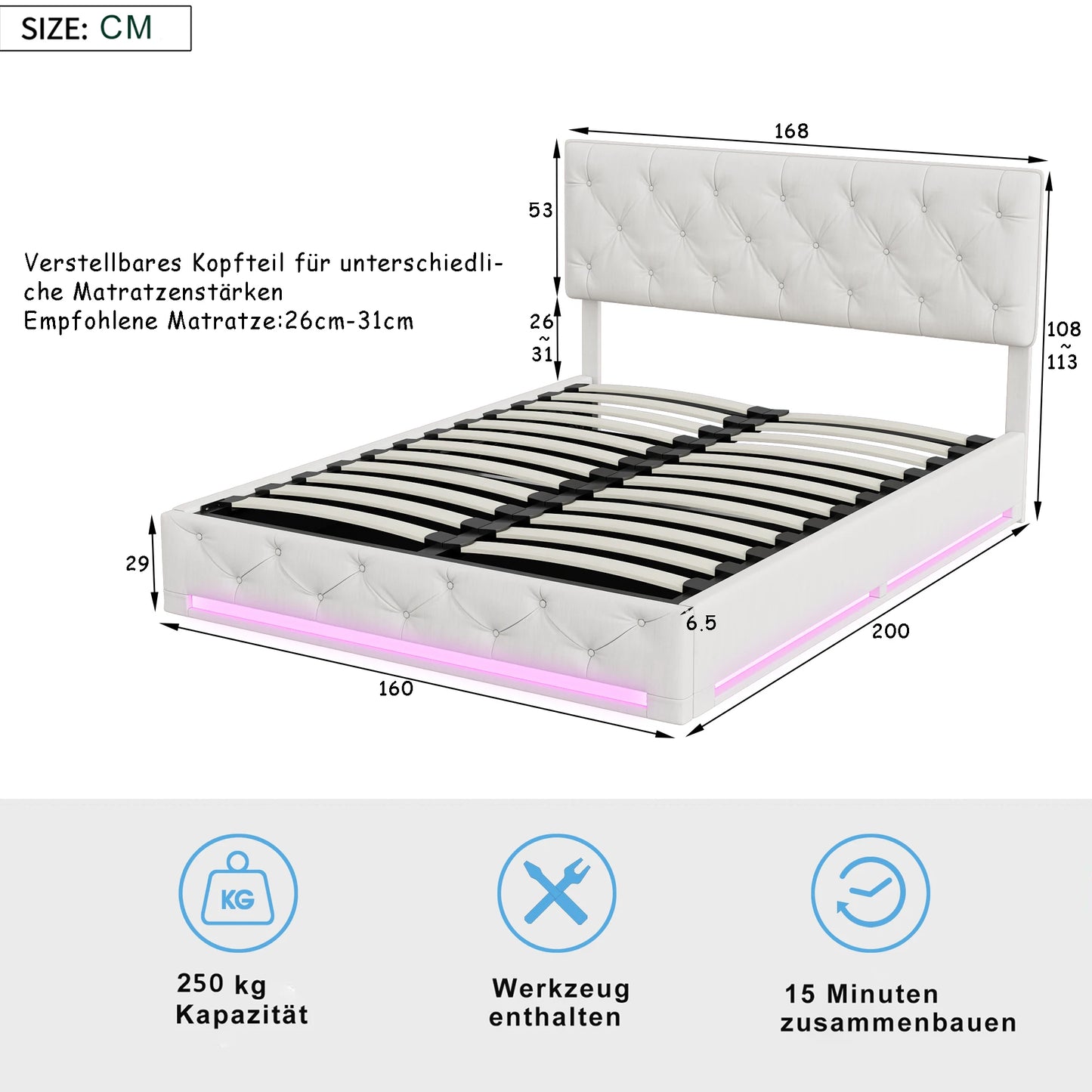 Rosahqnda Hydraulisches Bett  verstellbares gepolstertes Kopfteil, Bettkasten, Erwachsenenbett, Doppelbett