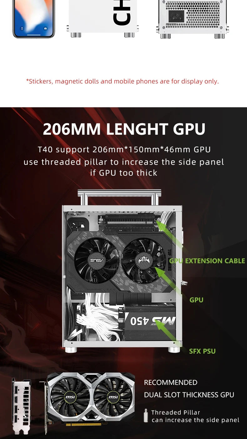 METALFISH T40 Mini ITX Black Case 7L Gaming Computer Chassis Compact transparent PC Support SFX PSU/70mm Cooler/206mm GPU.