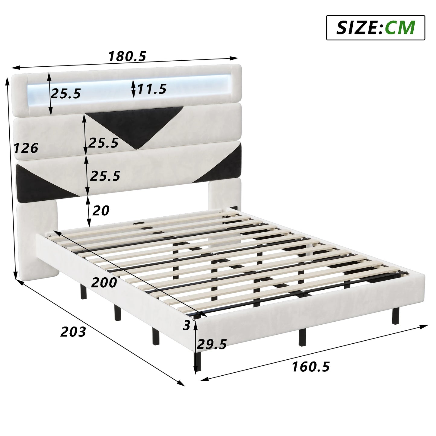 Rosahqnda Double Bed 140x190cm,Upholstered Bed with LED lighting and USB Charging Port,Youth Bed Ajudtable Headboard,WhiteVelvet