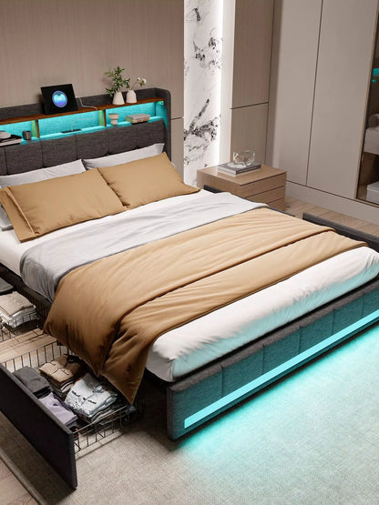 Bett mit Schubladen, 140/160 x 200 cm, Stauraumbett mit USB-Ladefunktion und LED-Kopfteil, Doppelbett mit Stauraum und 4 Schubladen. Jugendbett, funktionales Bett, Kopfteil, Lattenrost aus Holz, grau.